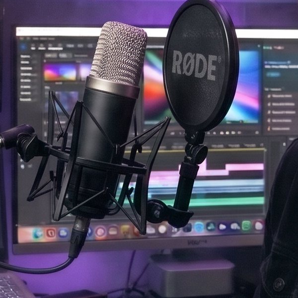 RØDE NT1 microphone in front of the editing monitor